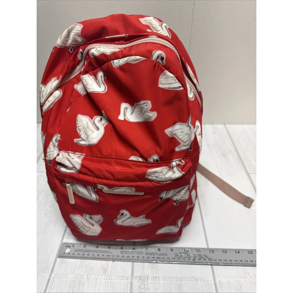 STELLA McCARTNEY Kids Backpack White Swan on Red Nylon Front Pocket